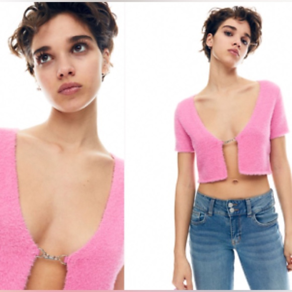 Divided Pink Fuzzy Chain Link Crop Top